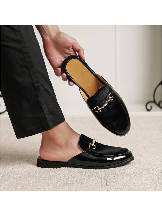 Men\'s Black Rubber Velvet Patent Leather Gold Buckle Slip On Loafer Slippers main image 4